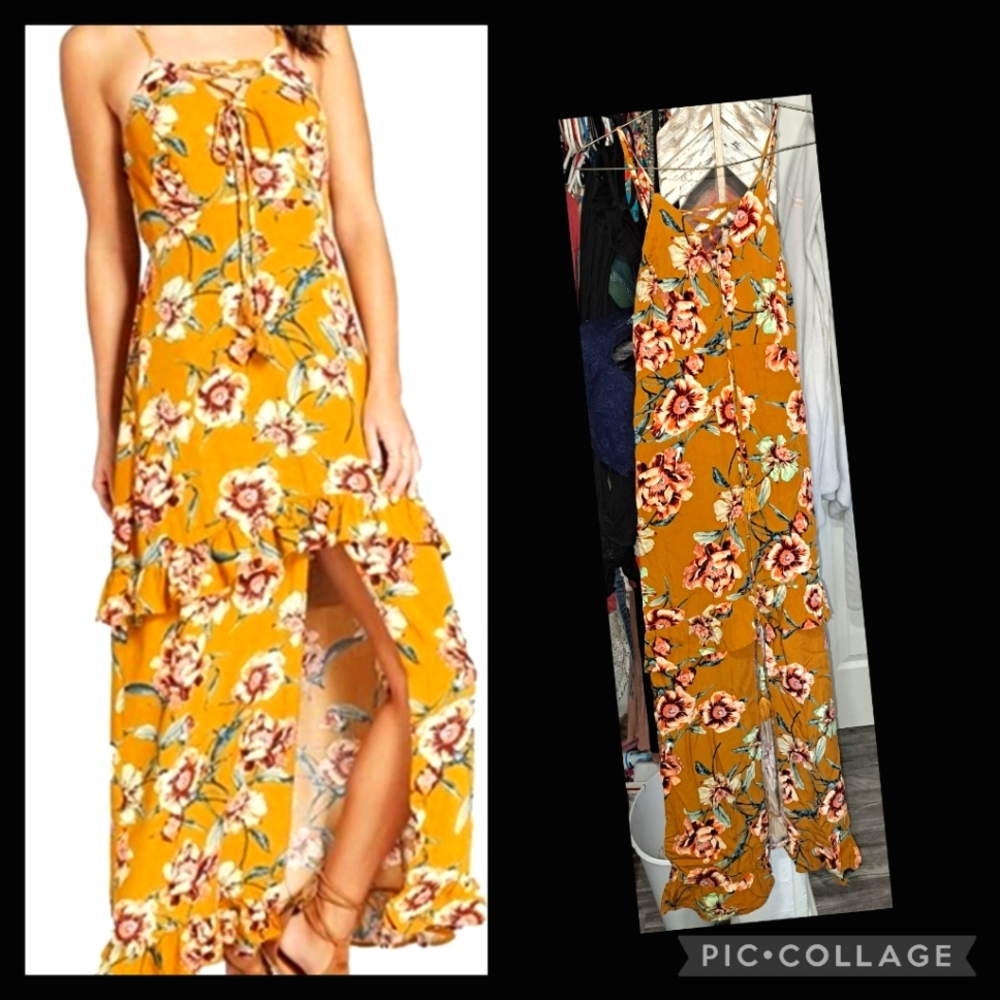 Xhilaration mustard floral maxi dress boho bohemian long dress Tassle trim dress